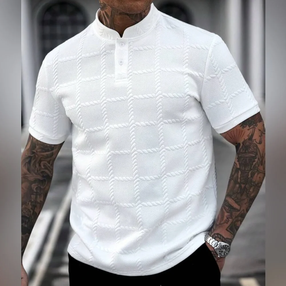 Men's White Textured Polo Shirt - Picture 3 of 6
